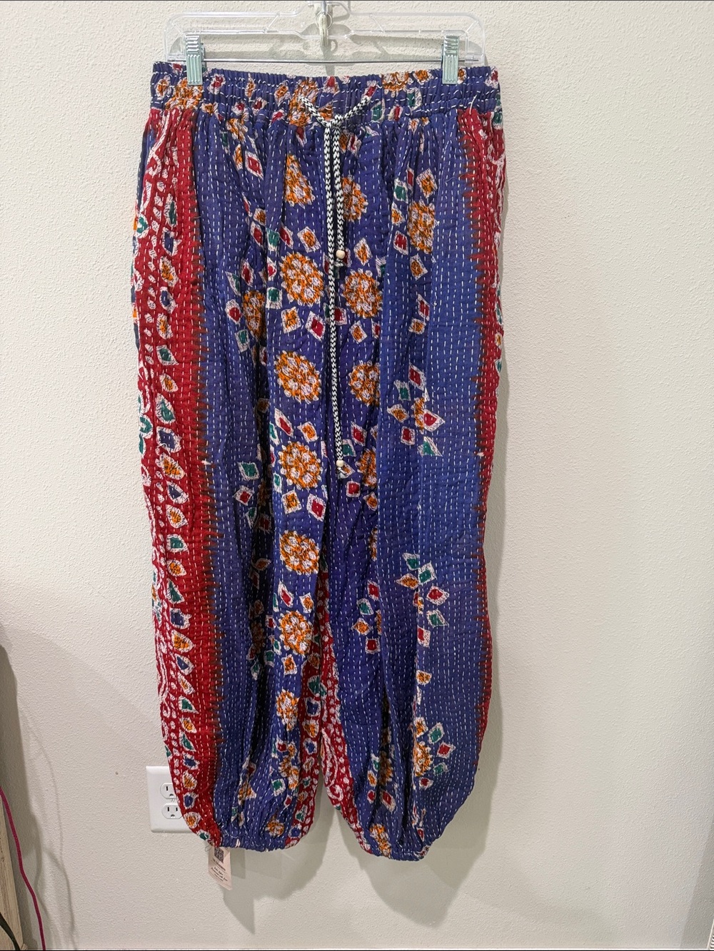 Kantha Bohemian Floral Print Elastic Waist Harem Pants - Blue/Red NWT